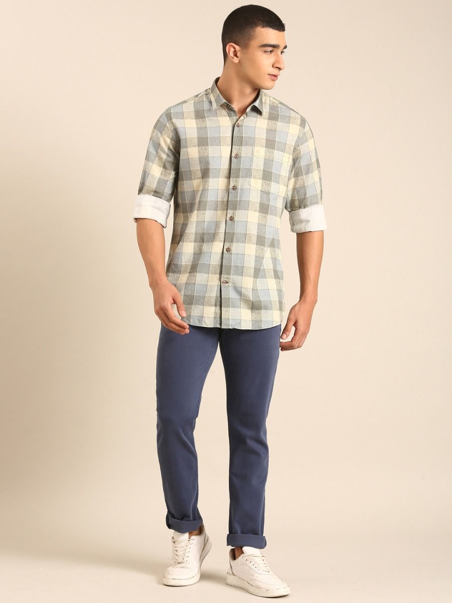 CAVALLO by Linen Club Men's Blended Linen Beige Checkered Contemporary Fit Full Sleeve Casual Shirt