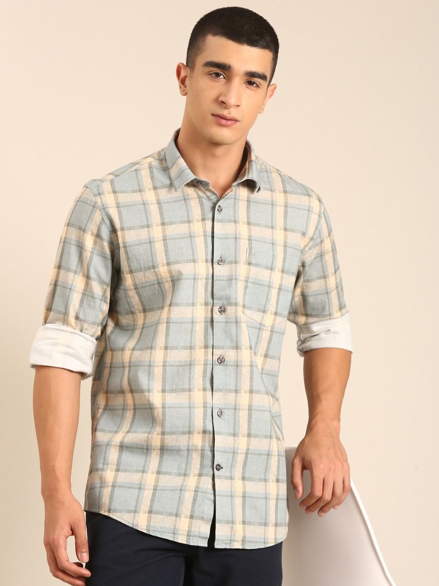 CAVALLO by Linen Club Men's Blended Linen Grey Checkered Contemporary Fit Full Sleeve Casual Shirt