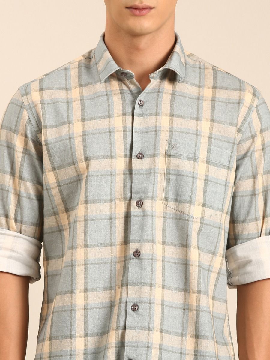 CAVALLO by Linen Club Men's Blended Linen Grey Checkered Contemporary Fit Full Sleeve Casual Shirt