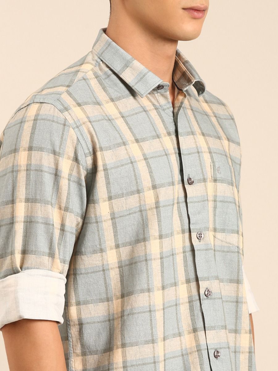 CAVALLO by Linen Club Men's Blended Linen Grey Checkered Contemporary Fit Full Sleeve Casual Shirt