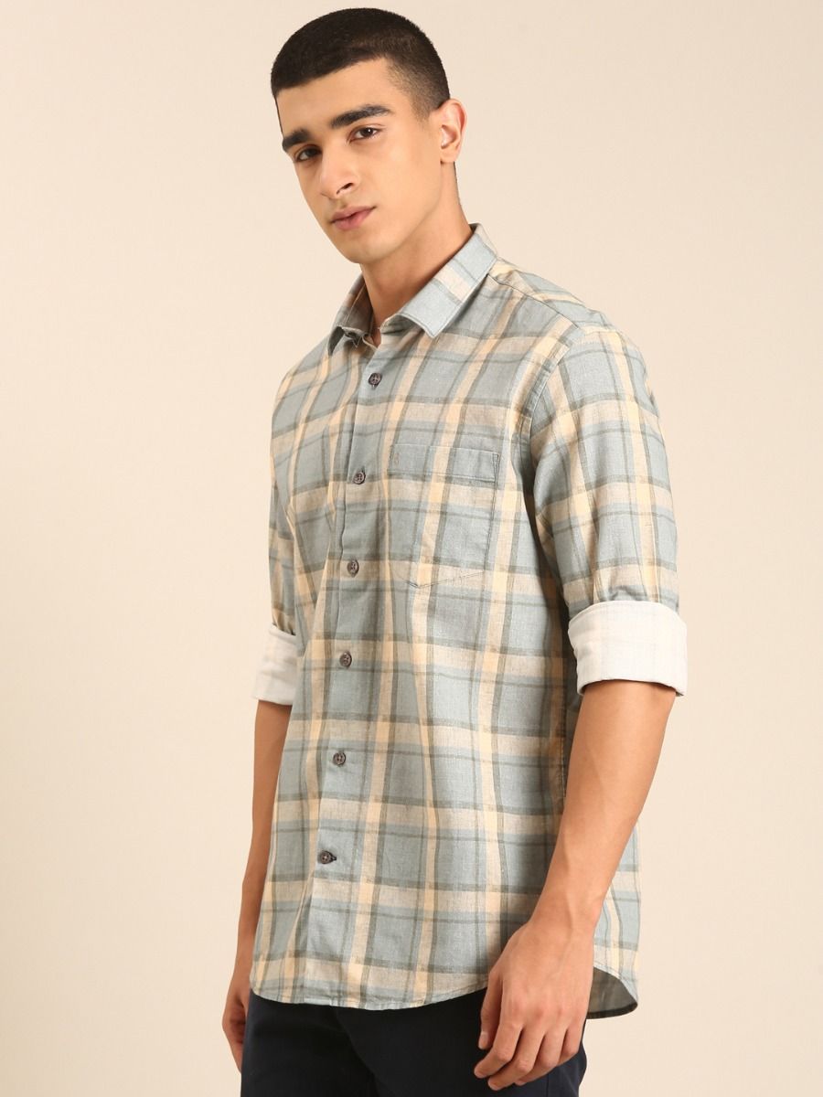 CAVALLO by Linen Club Men's Blended Linen Grey Checkered Contemporary Fit Full Sleeve Casual Shirt