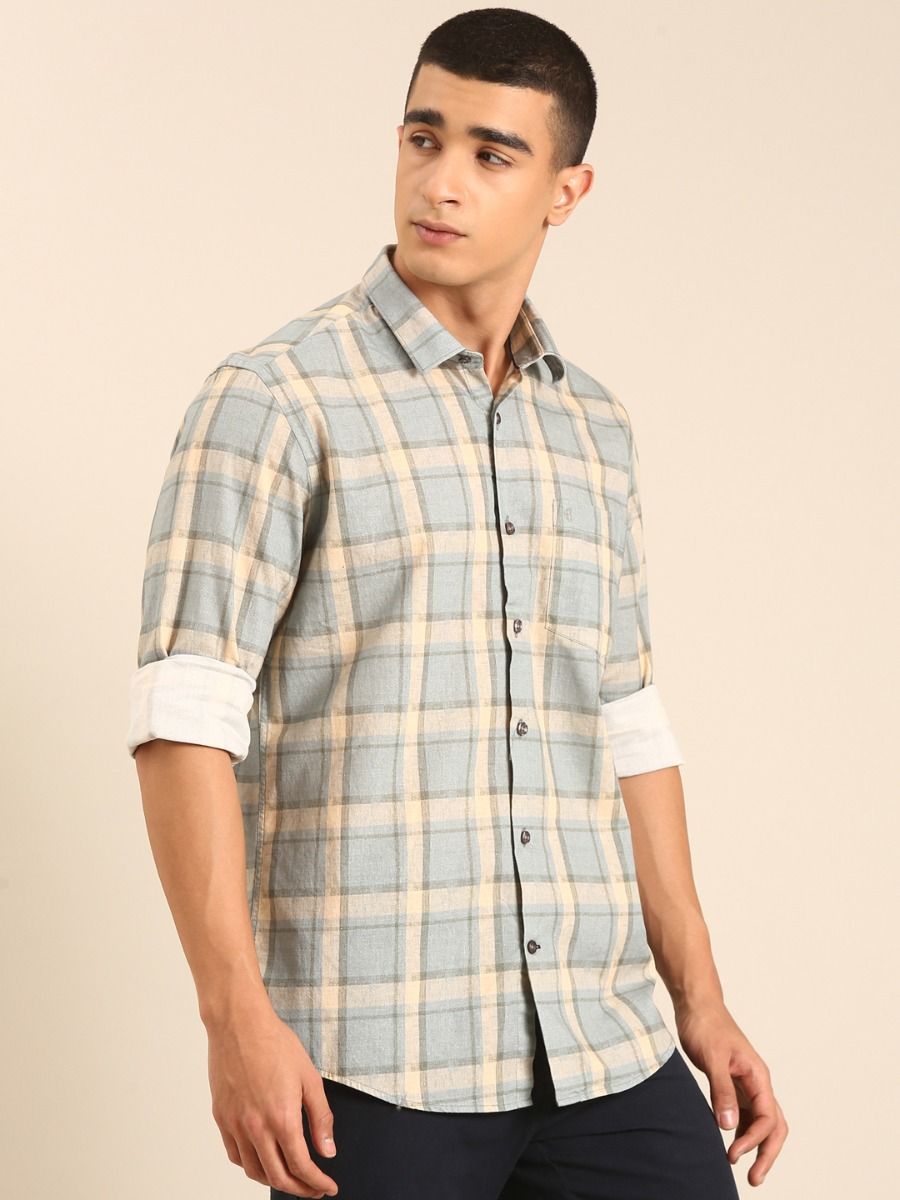CAVALLO by Linen Club Men's Blended Linen Grey Checkered Contemporary Fit Full Sleeve Casual Shirt