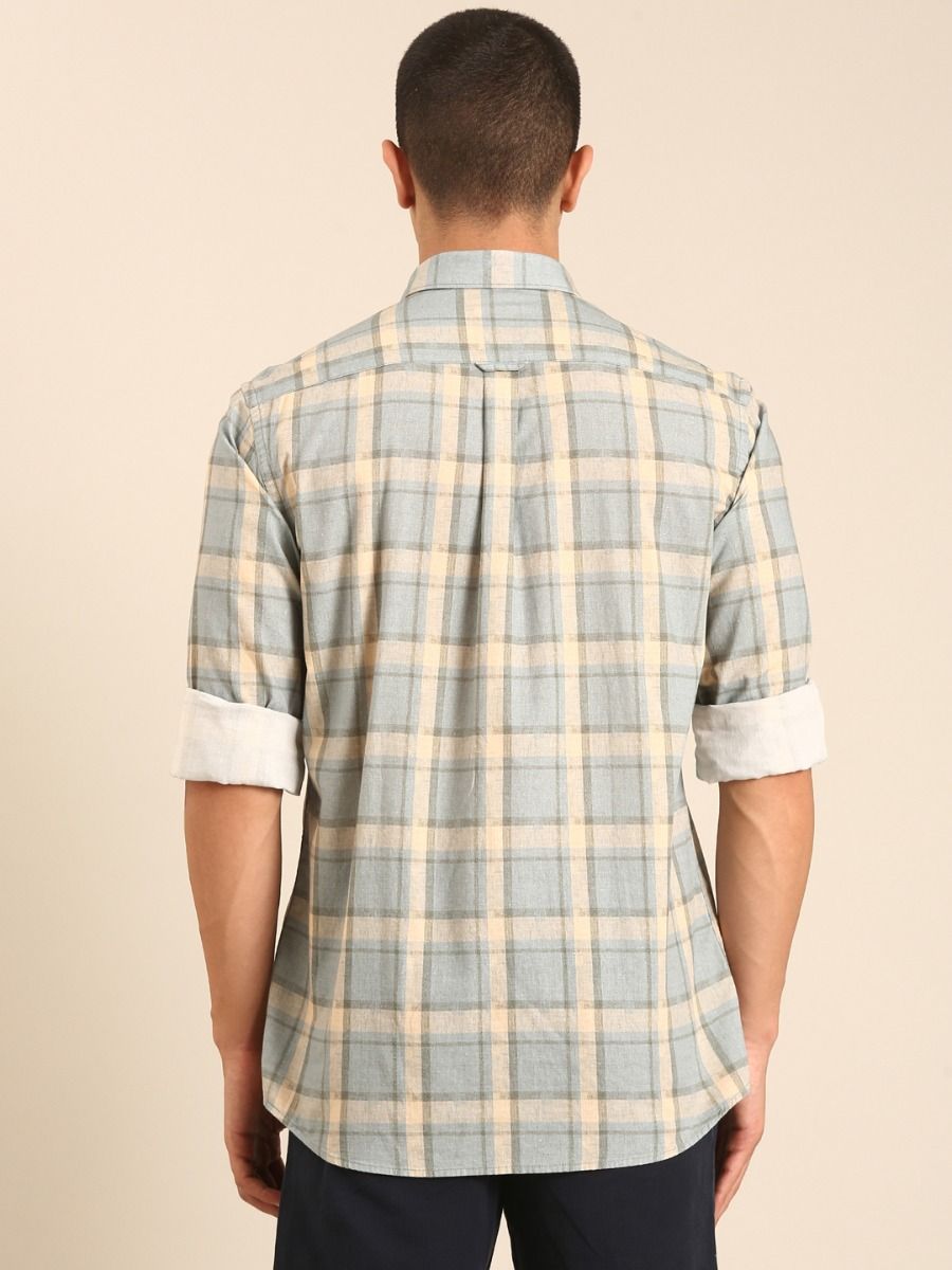 CAVALLO by Linen Club Men's Blended Linen Grey Checkered Contemporary Fit Full Sleeve Casual Shirt
