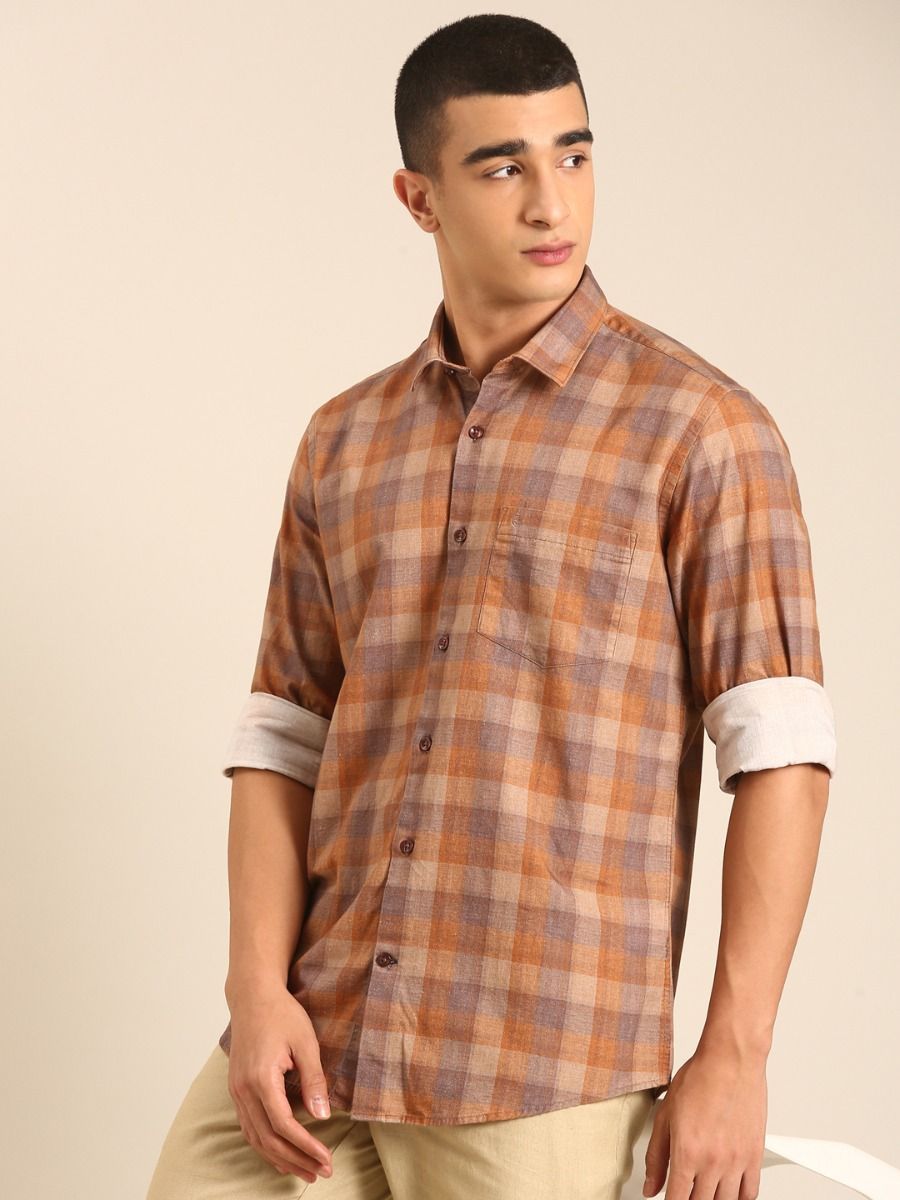 CAVALLO by Linen Club Men's Blended Linen Brown Checkered Contemporary Fit Full Sleeve Casual Shirt