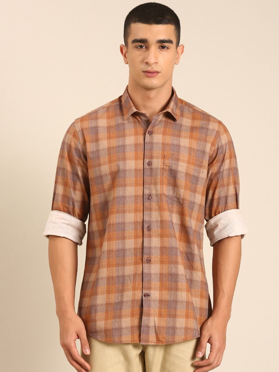 CAVALLO by Linen Club Men's Blended Linen Brown Checkered Contemporary Fit Full Sleeve Casual Shirt