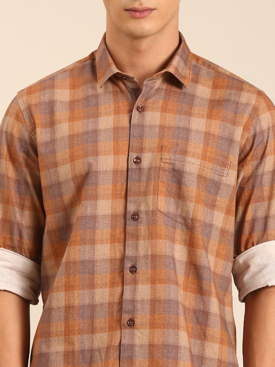 CAVALLO by Linen Club Men's Blended Linen Brown Checkered Contemporary Fit Full Sleeve Casual Shirt