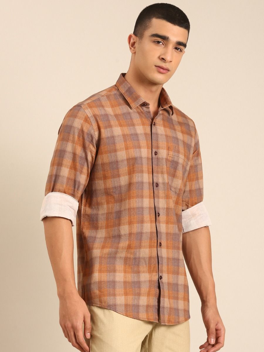 CAVALLO by Linen Club Men's Blended Linen Brown Checkered Contemporary Fit Full Sleeve Casual Shirt