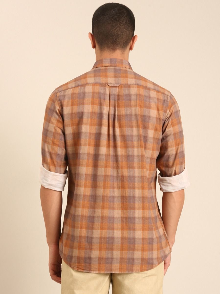 CAVALLO by Linen Club Men's Blended Linen Brown Checkered Contemporary Fit Full Sleeve Casual Shirt