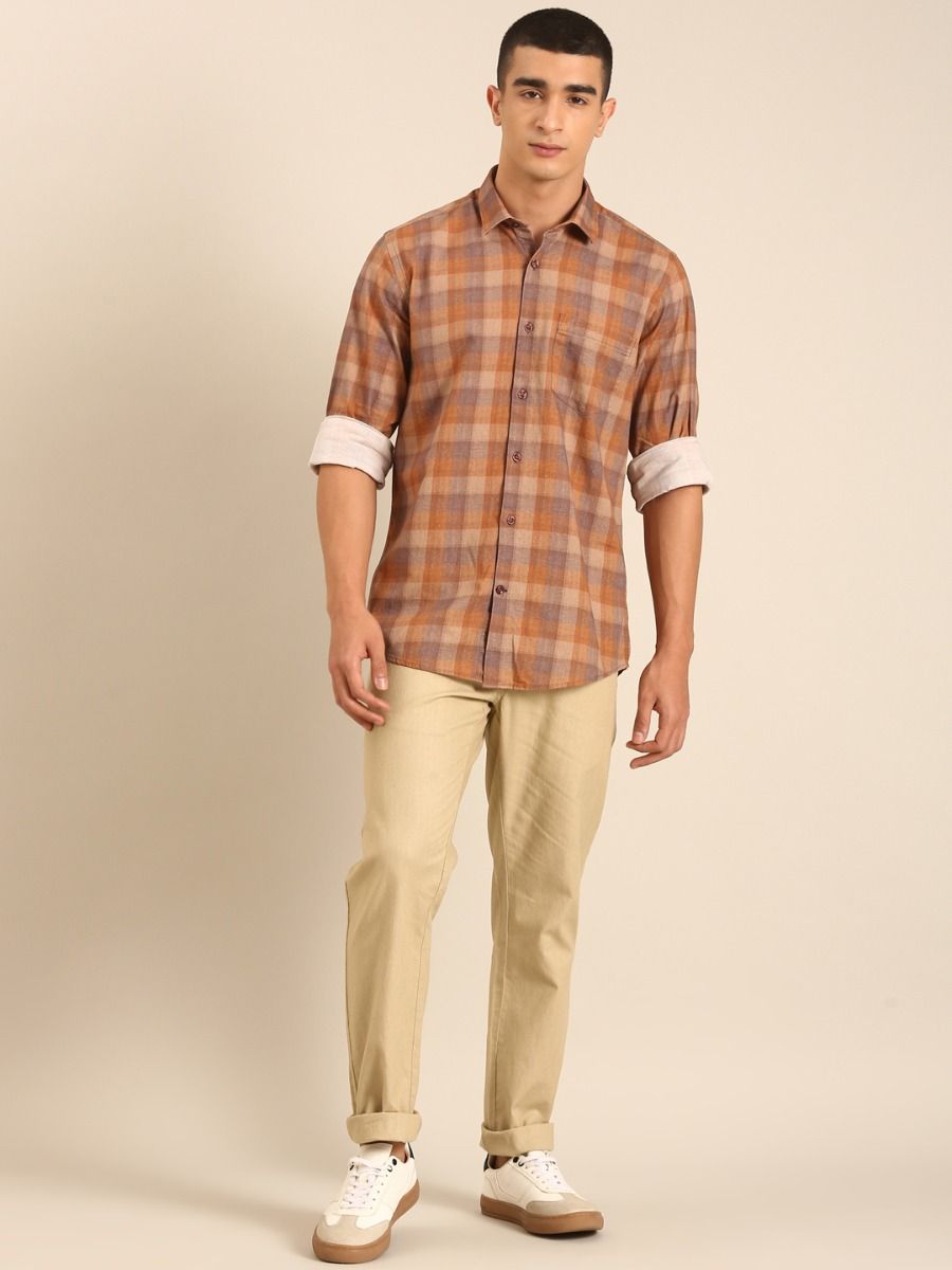 CAVALLO by Linen Club Men's Blended Linen Brown Checkered Contemporary Fit Full Sleeve Casual Shirt