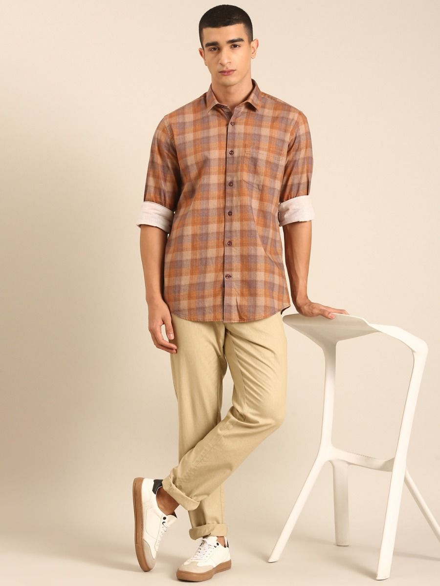 CAVALLO by Linen Club Men's Blended Linen Brown Checkered Contemporary Fit Full Sleeve Casual Shirt