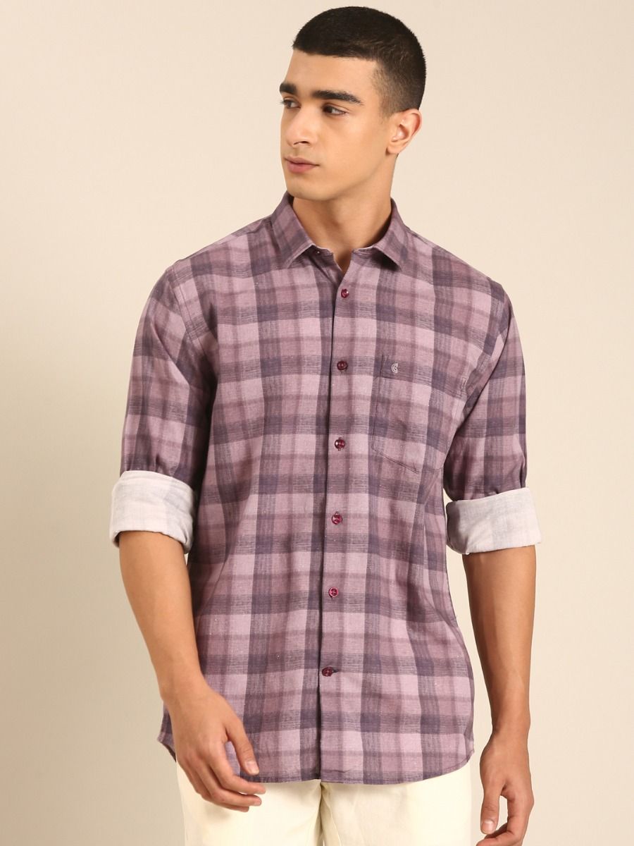 CAVALLO by Linen Club Men's Blended Linen Purple Checkered Contemporary Fit Full Sleeve Casual Shirt