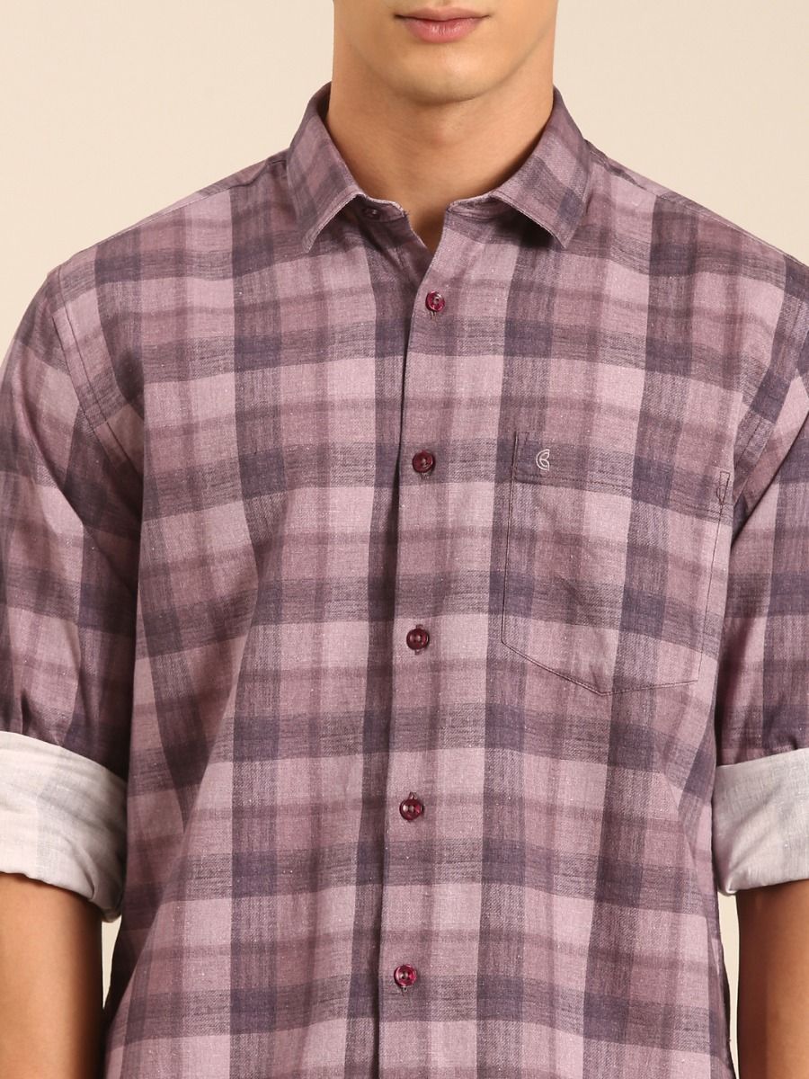 CAVALLO by Linen Club Men's Blended Linen Purple Checkered Contemporary Fit Full Sleeve Casual Shirt