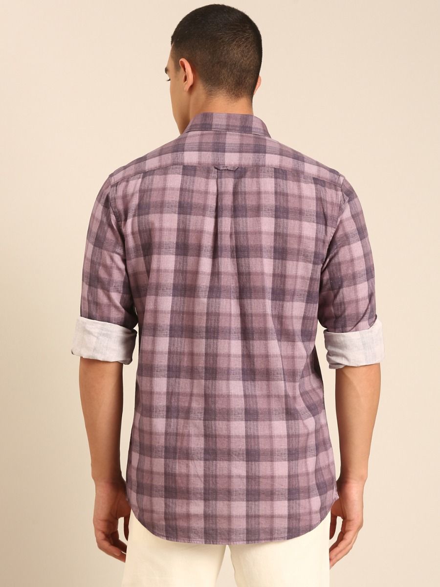 CAVALLO by Linen Club Men's Blended Linen Purple Checkered Contemporary Fit Full Sleeve Casual Shirt