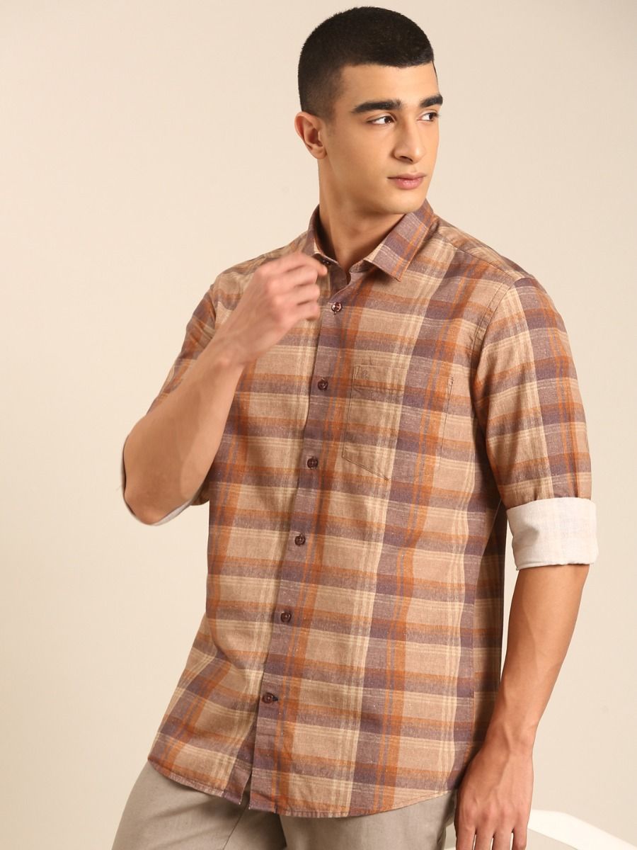CAVALLO by Linen Club Men's Blended Linen Brown Checkered Contemporary Fit Full Sleeve Casual Shirt