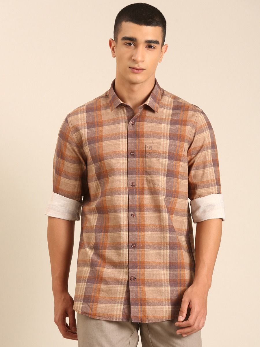CAVALLO by Linen Club Men's Blended Linen Brown Checkered Contemporary Fit Full Sleeve Casual Shirt