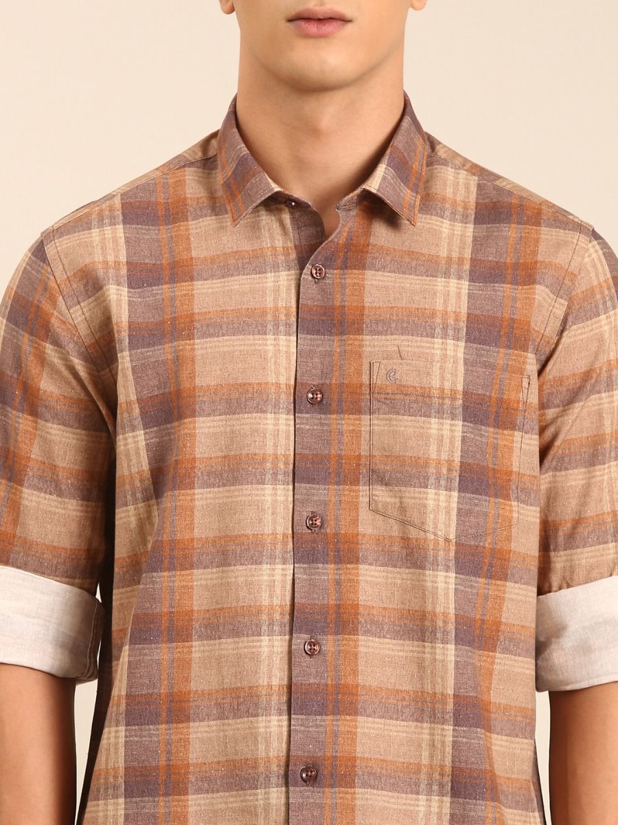 CAVALLO by Linen Club Men's Blended Linen Brown Checkered Contemporary Fit Full Sleeve Casual Shirt