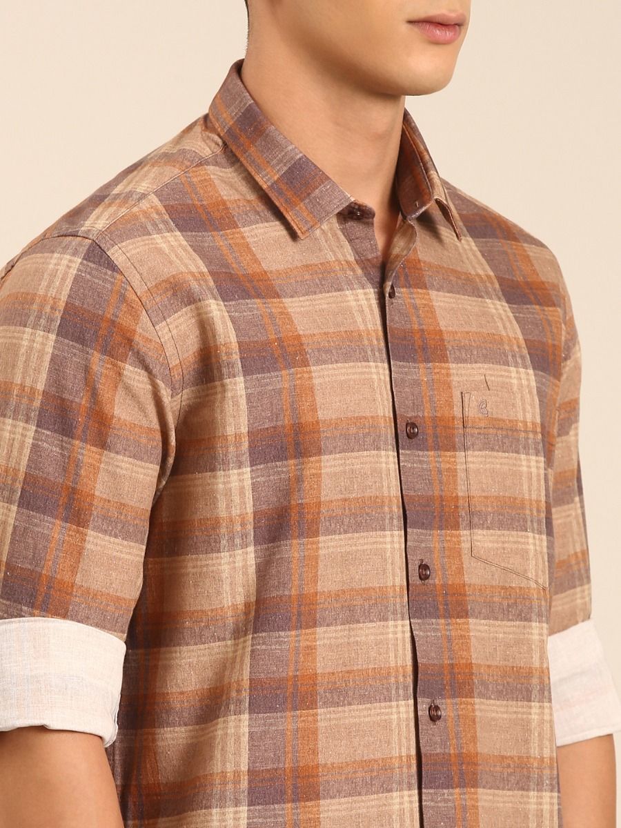 CAVALLO by Linen Club Men's Blended Linen Brown Checkered Contemporary Fit Full Sleeve Casual Shirt