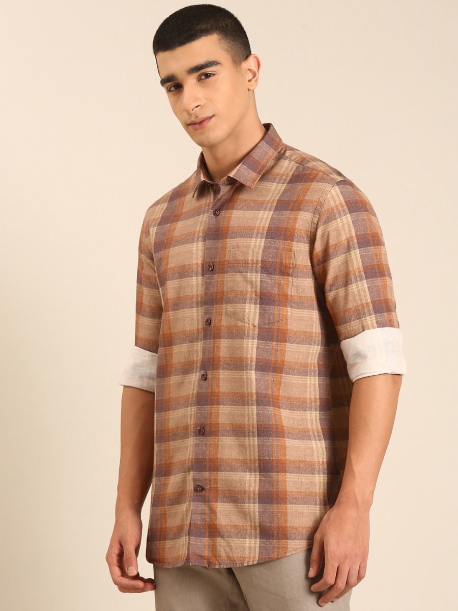 CAVALLO by Linen Club Men's Blended Linen Brown Checkered Contemporary Fit Full Sleeve Casual Shirt