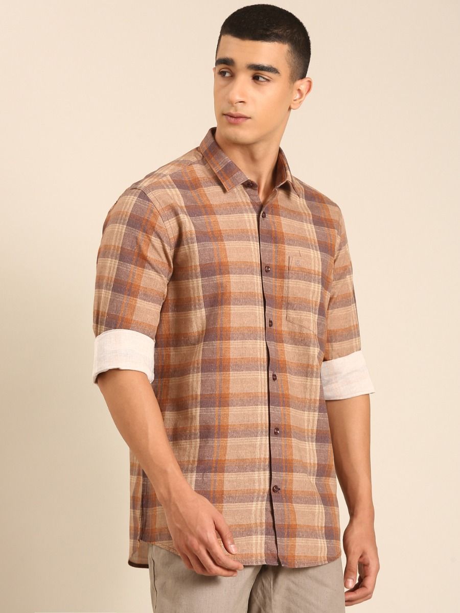 CAVALLO by Linen Club Men's Blended Linen Brown Checkered Contemporary Fit Full Sleeve Casual Shirt