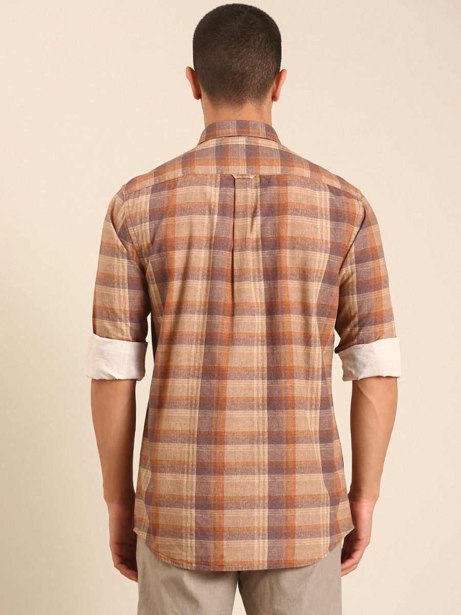 CAVALLO by Linen Club Men's Blended Linen Brown Checkered Contemporary Fit Full Sleeve Casual Shirt