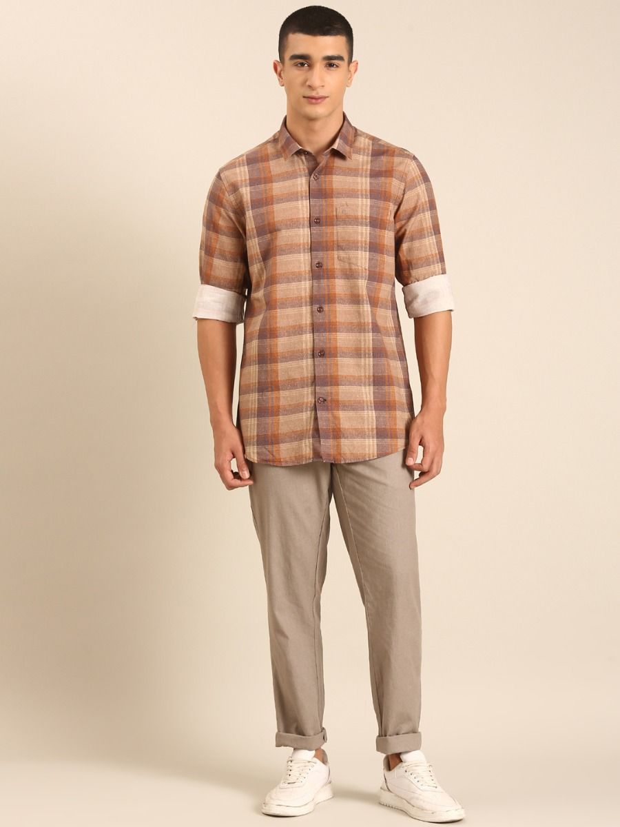 CAVALLO by Linen Club Men's Blended Linen Brown Checkered Contemporary Fit Full Sleeve Casual Shirt