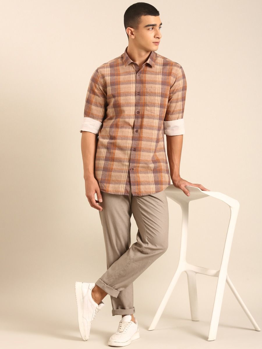 CAVALLO by Linen Club Men's Blended Linen Brown Checkered Contemporary Fit Full Sleeve Casual Shirt