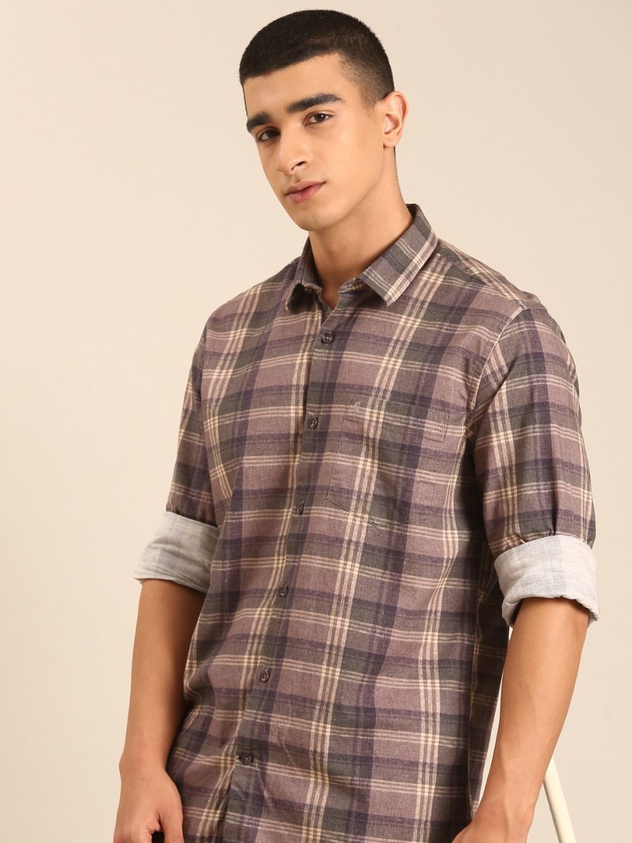 CAVALLO by Linen Club Men's Blended Linen Grey Checkered Contemporary Fit Full Sleeve Casual Shirt