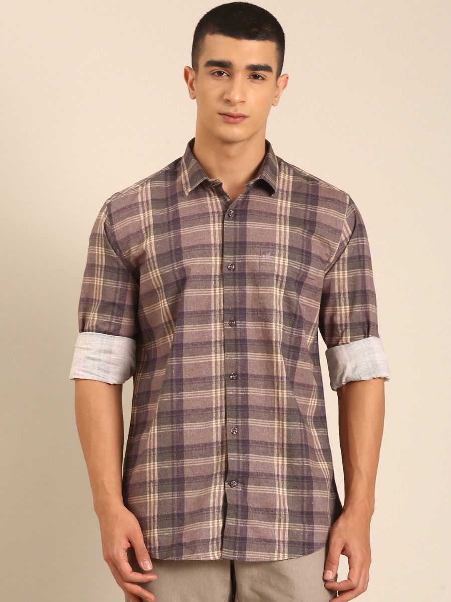 CAVALLO by Linen Club Men's Blended Linen Grey Checkered Contemporary Fit Full Sleeve Casual Shirt