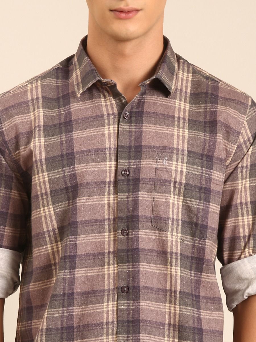 CAVALLO by Linen Club Men's Blended Linen Grey Checkered Contemporary Fit Full Sleeve Casual Shirt