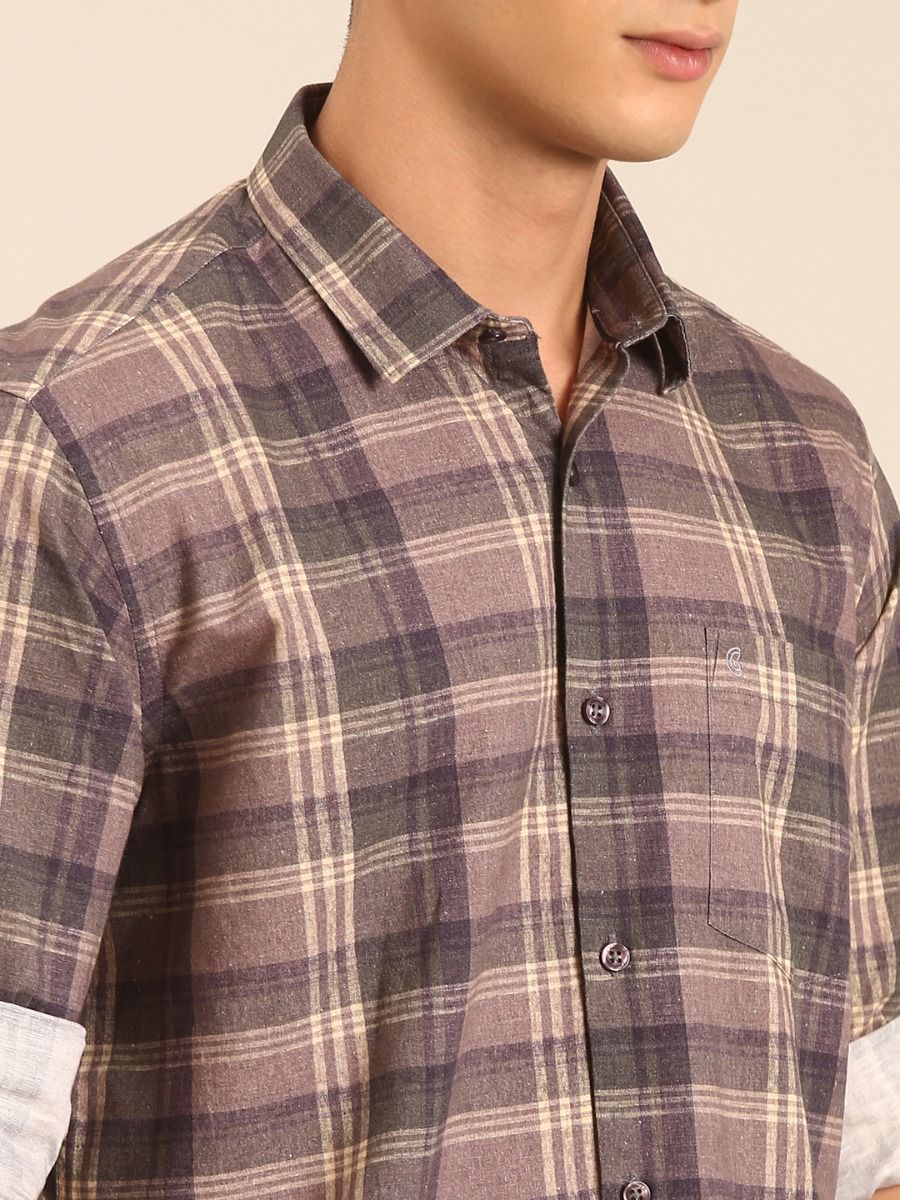CAVALLO by Linen Club Men's Blended Linen Grey Checkered Contemporary Fit Full Sleeve Casual Shirt