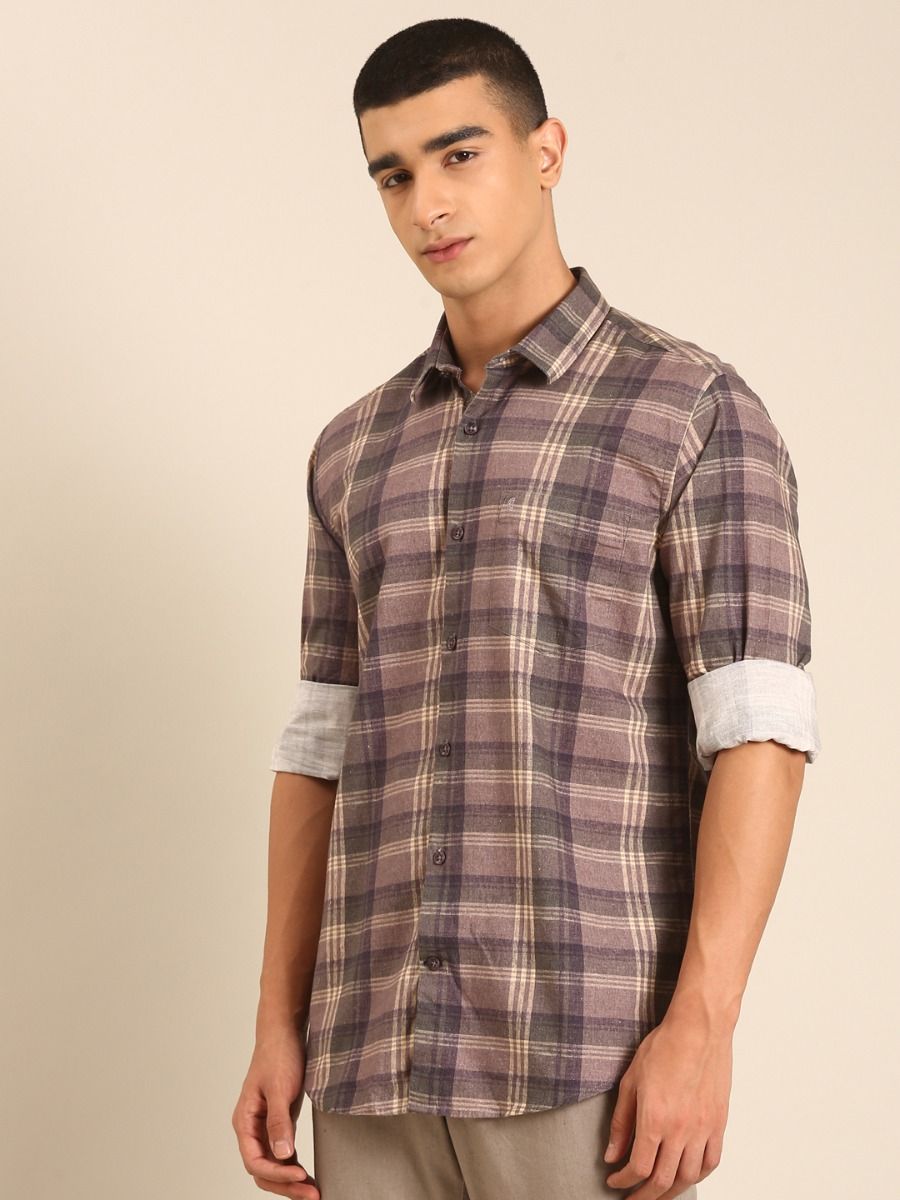 CAVALLO by Linen Club Men's Blended Linen Grey Checkered Contemporary Fit Full Sleeve Casual Shirt