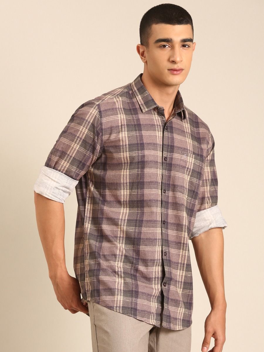 CAVALLO by Linen Club Men's Blended Linen Grey Checkered Contemporary Fit Full Sleeve Casual Shirt
