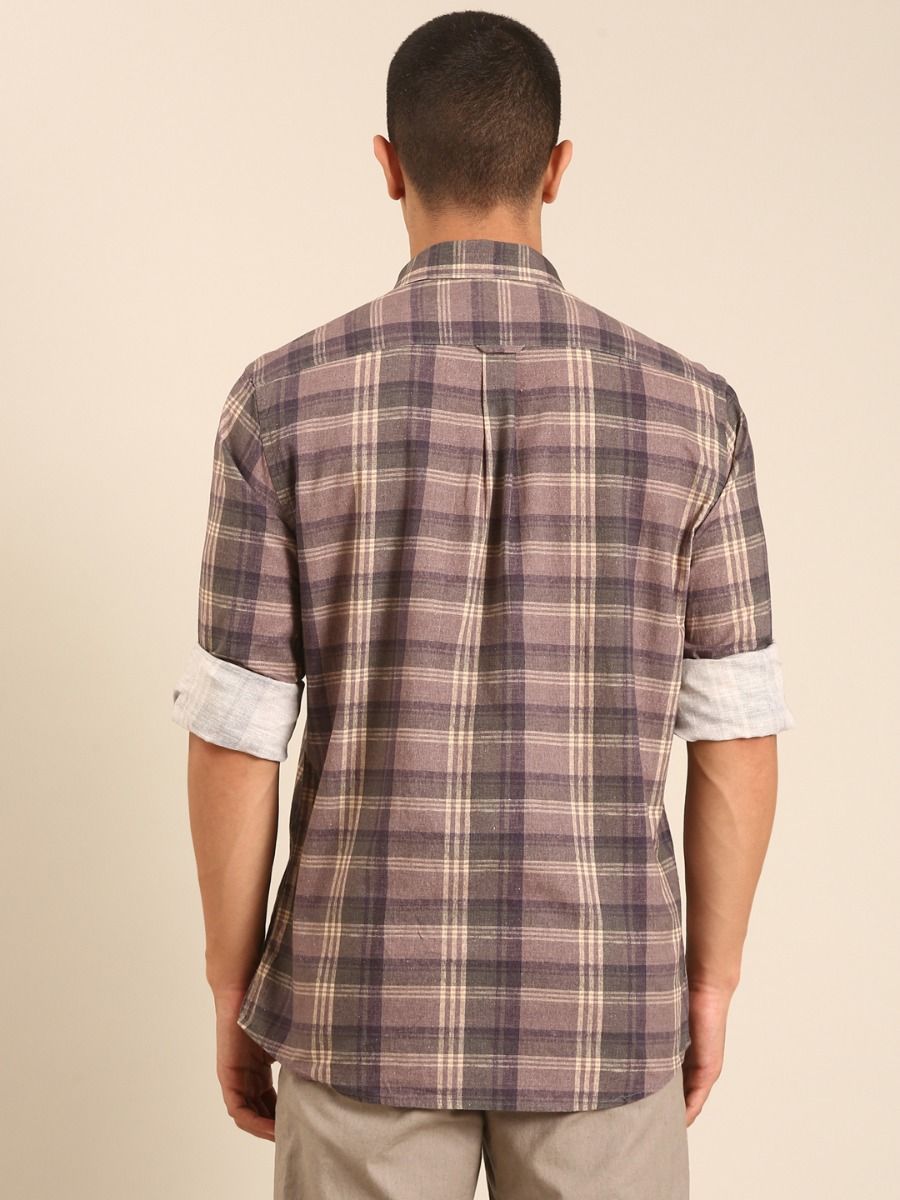 CAVALLO by Linen Club Men's Blended Linen Grey Checkered Contemporary Fit Full Sleeve Casual Shirt