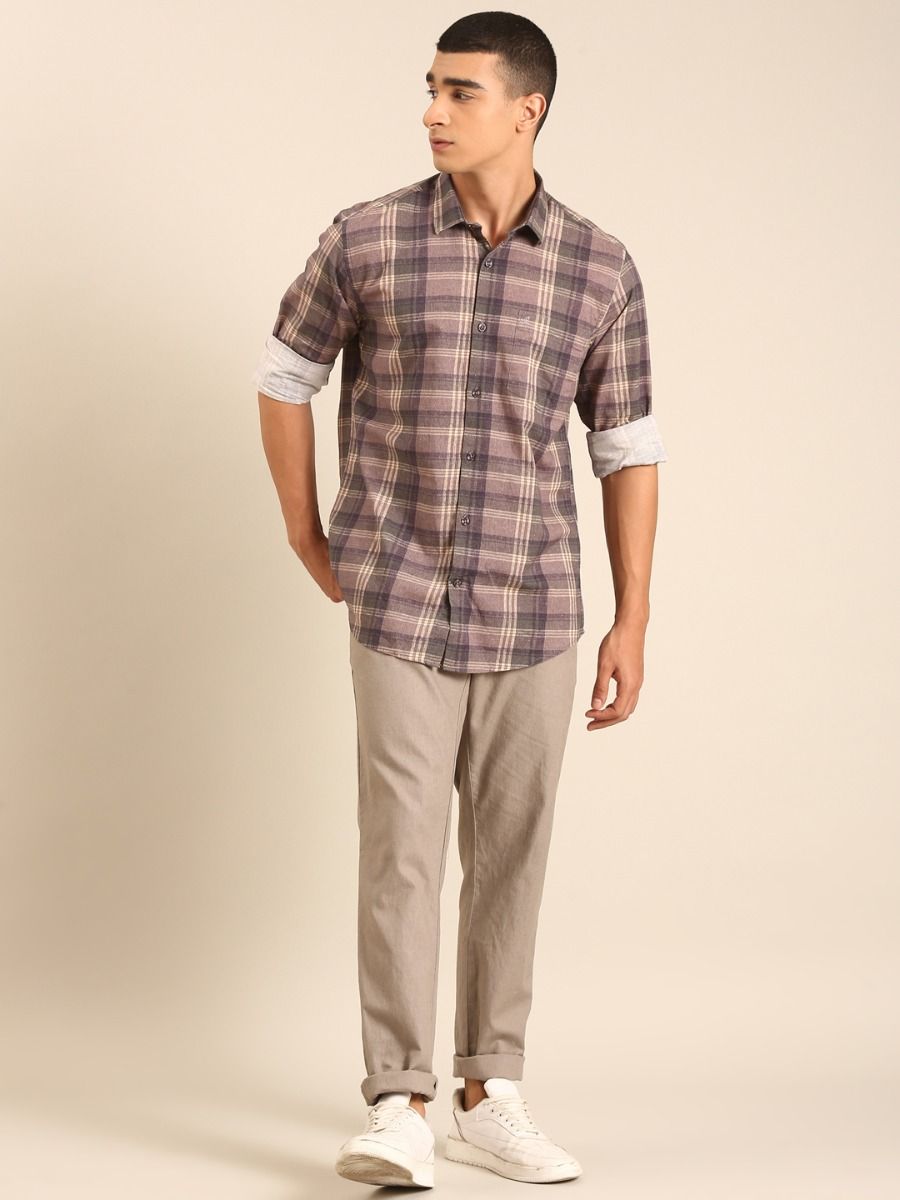 CAVALLO by Linen Club Men's Blended Linen Grey Checkered Contemporary Fit Full Sleeve Casual Shirt