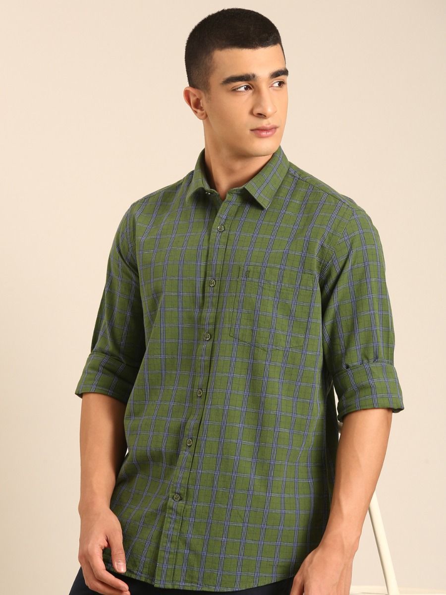CAVALLO by Linen Club Men's Blended Linen Olive Green Checkered Contemporary Fit Full Sleeve Casual Shirt