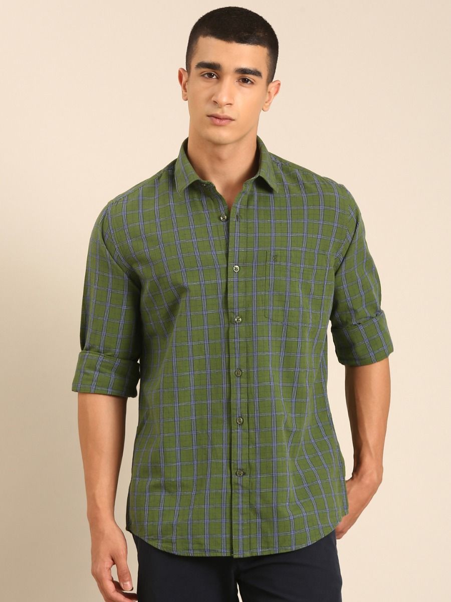 CAVALLO by Linen Club Men's Blended Linen Olive Green Checkered Contemporary Fit Full Sleeve Casual Shirt