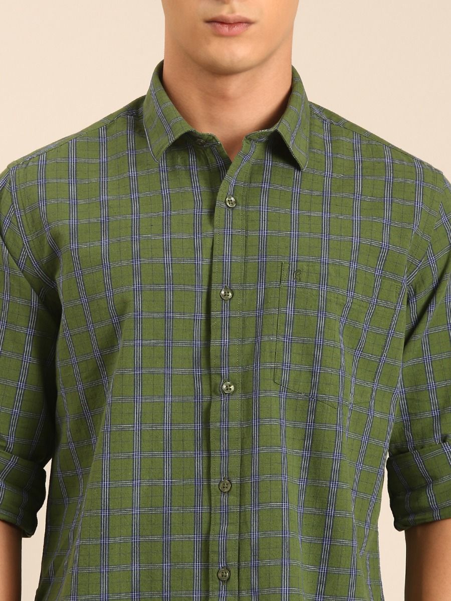 CAVALLO by Linen Club Men's Blended Linen Olive Green Checkered Contemporary Fit Full Sleeve Casual Shirt