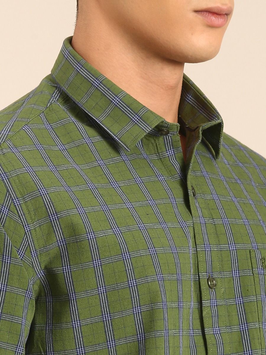 CAVALLO by Linen Club Men's Blended Linen Olive Green Checkered Contemporary Fit Full Sleeve Casual Shirt