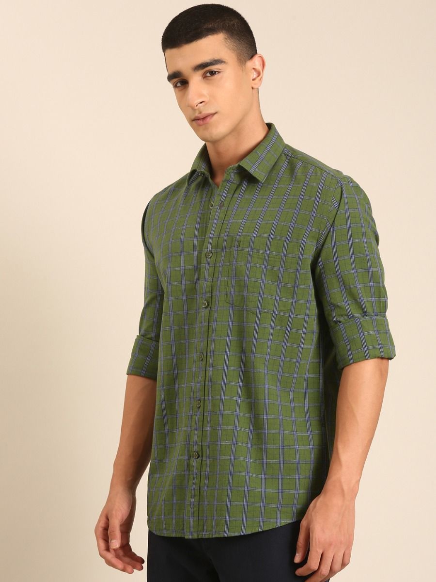 CAVALLO by Linen Club Men's Blended Linen Olive Green Checkered Contemporary Fit Full Sleeve Casual Shirt