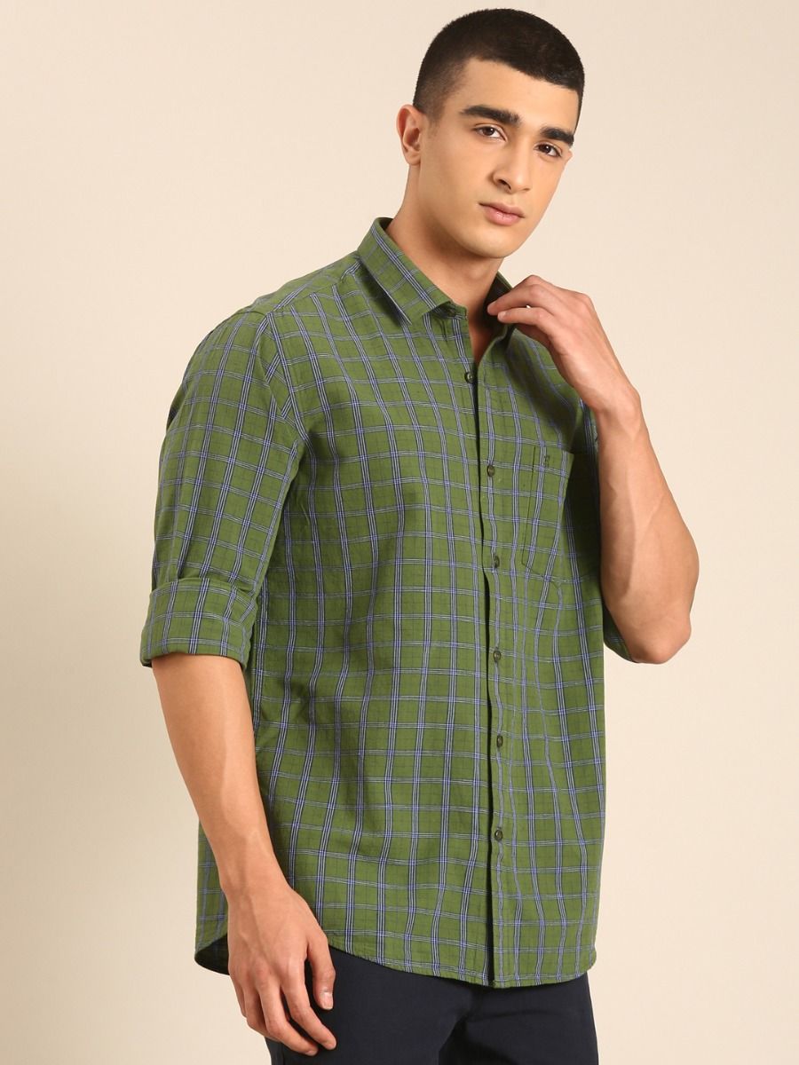 CAVALLO by Linen Club Men's Blended Linen Olive Green Checkered Contemporary Fit Full Sleeve Casual Shirt