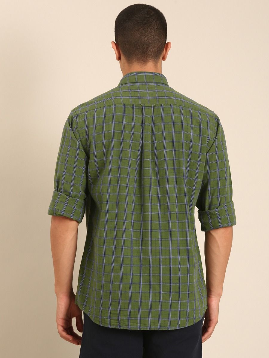 CAVALLO by Linen Club Men's Blended Linen Olive Green Checkered Contemporary Fit Full Sleeve Casual Shirt