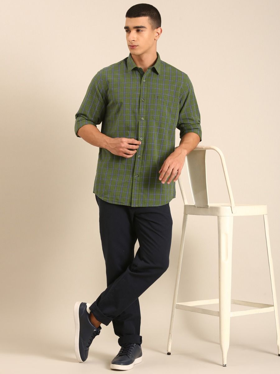 CAVALLO by Linen Club Men's Blended Linen Olive Green Checkered Contemporary Fit Full Sleeve Casual Shirt