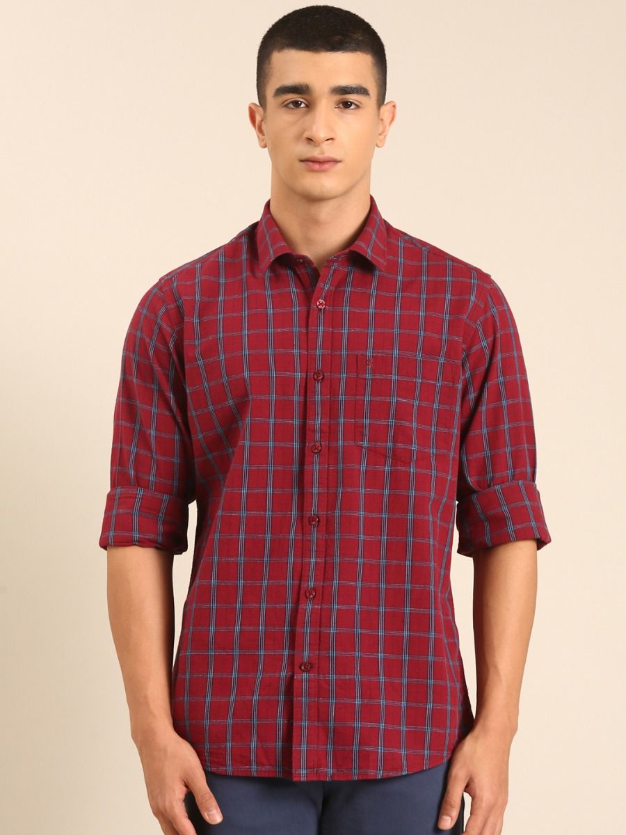 CAVALLO by Linen Club Men's Blended Linen Maroon Checkered Contemporary Fit Full Sleeve Casual Shirt