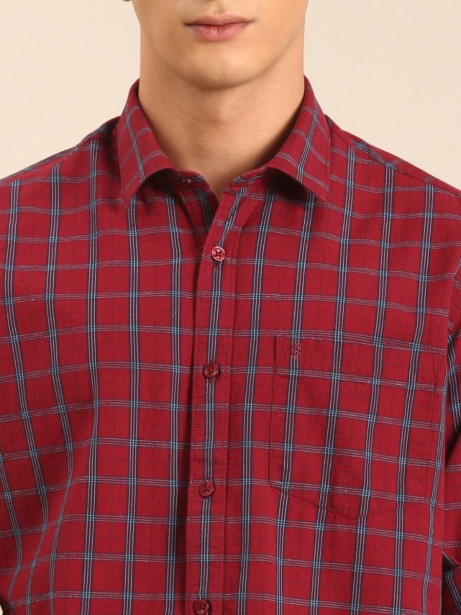 CAVALLO by Linen Club Men's Blended Linen Maroon Checkered Contemporary Fit Full Sleeve Casual Shirt