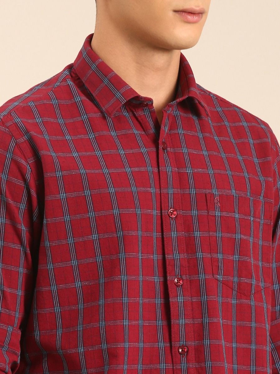 CAVALLO by Linen Club Men's Blended Linen Maroon Checkered Contemporary Fit Full Sleeve Casual Shirt