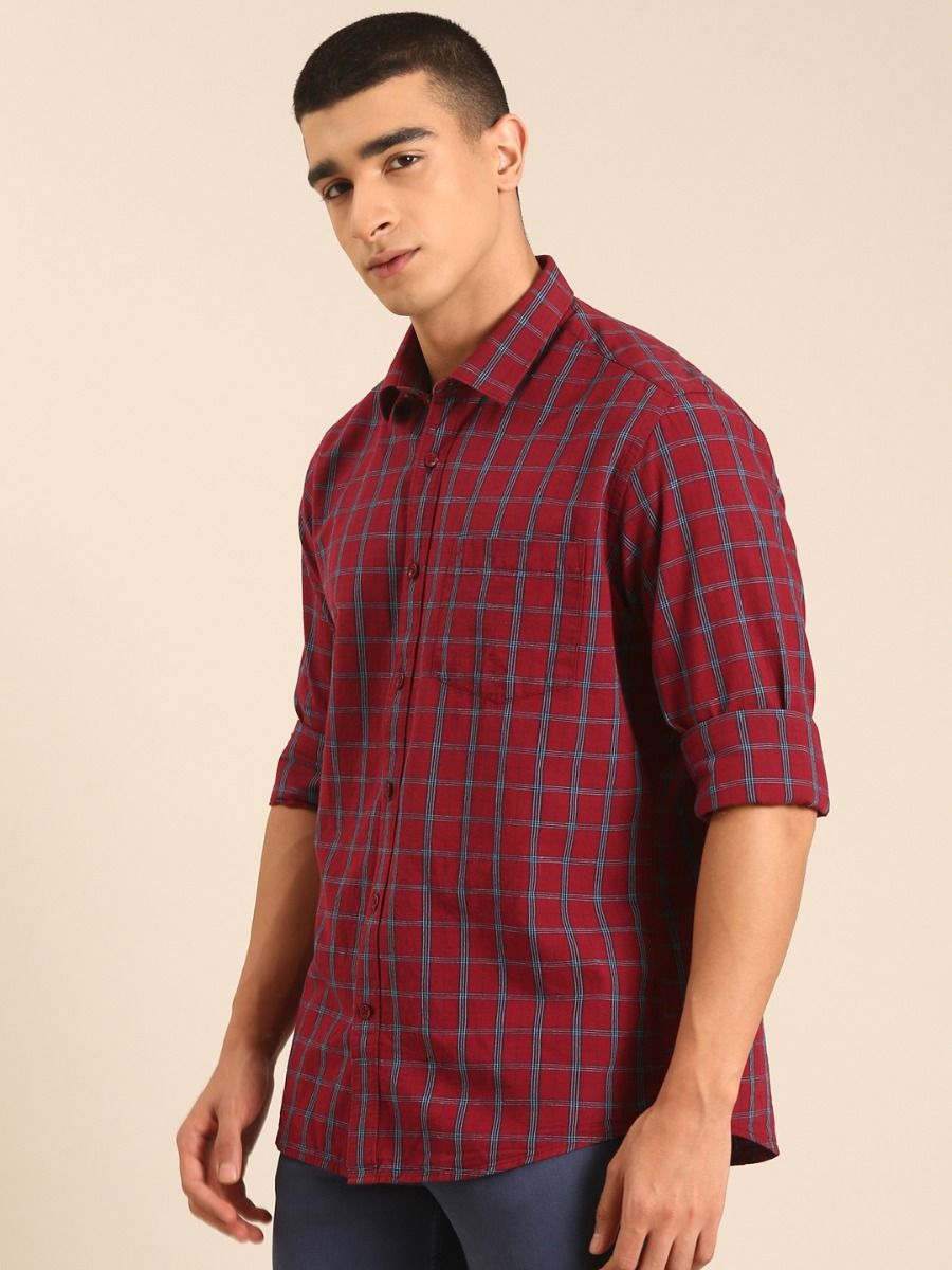 CAVALLO by Linen Club Men's Blended Linen Maroon Checkered Contemporary Fit Full Sleeve Casual Shirt