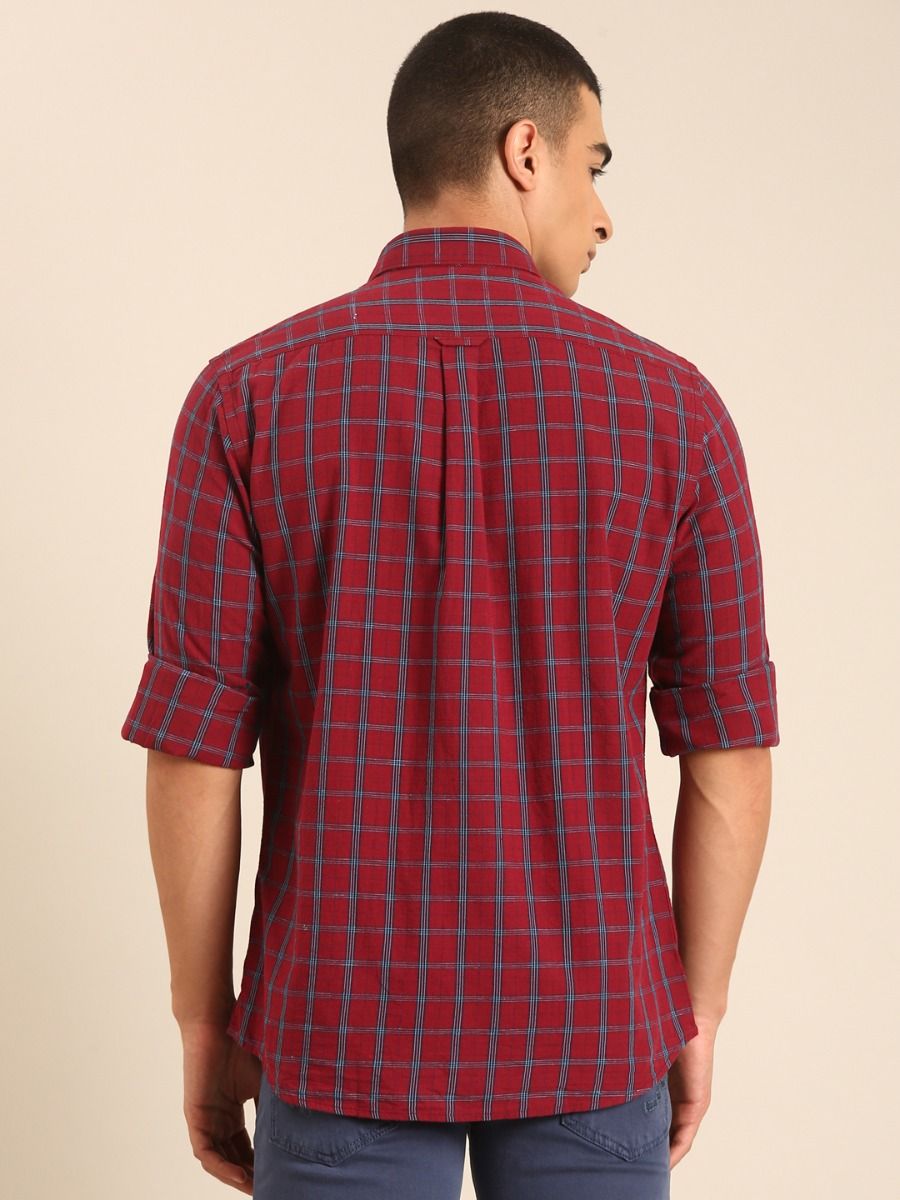 CAVALLO by Linen Club Men's Blended Linen Maroon Checkered Contemporary Fit Full Sleeve Casual Shirt