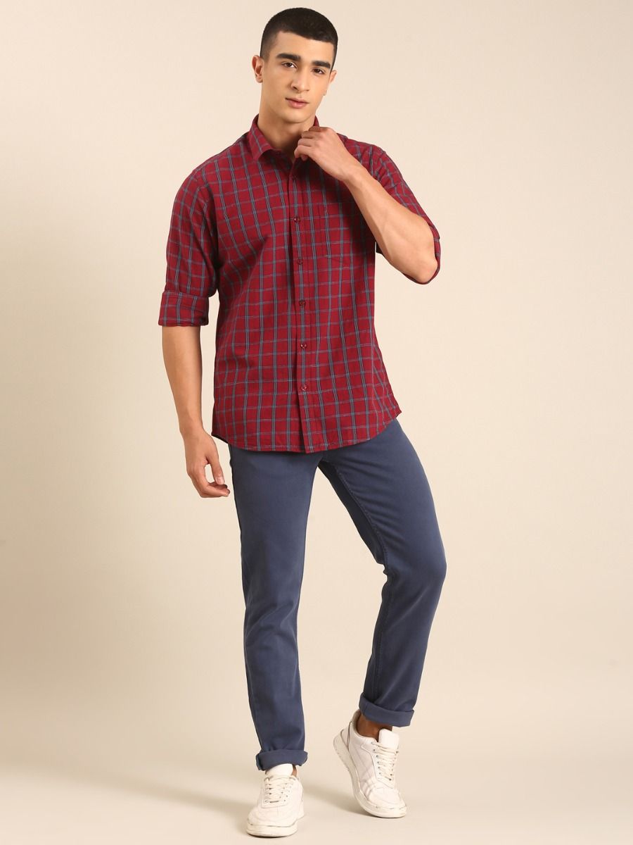 CAVALLO by Linen Club Men's Blended Linen Maroon Checkered Contemporary Fit Full Sleeve Casual Shirt