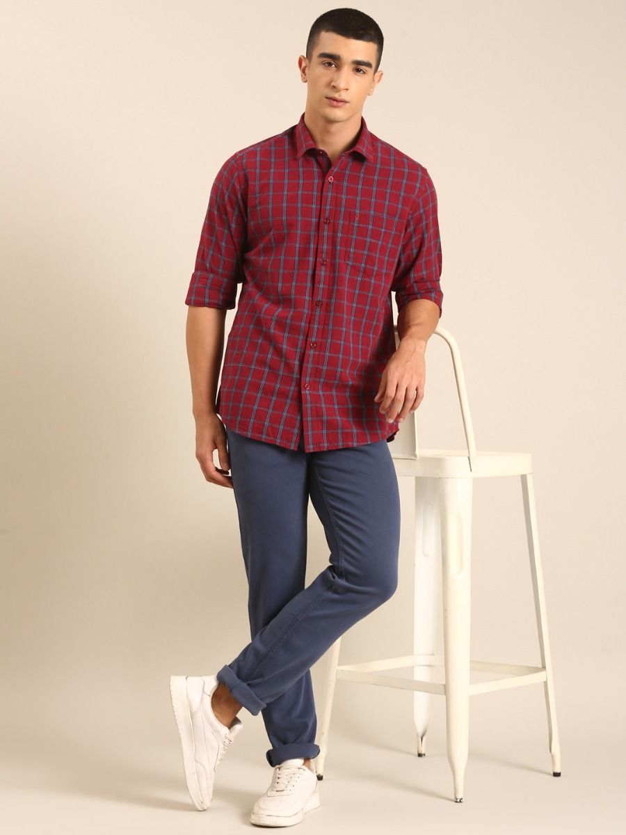 CAVALLO by Linen Club Men's Blended Linen Maroon Checkered Contemporary Fit Full Sleeve Casual Shirt
