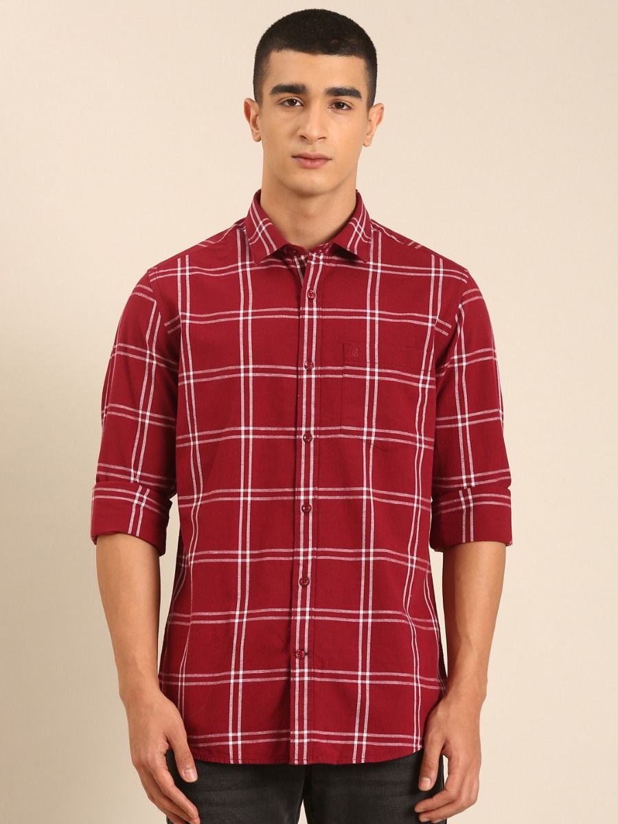 CAVALLO by Linen Club Men's Blended Linen Maroon Checkered Contemporary Fit Full Sleeve Casual Shirt